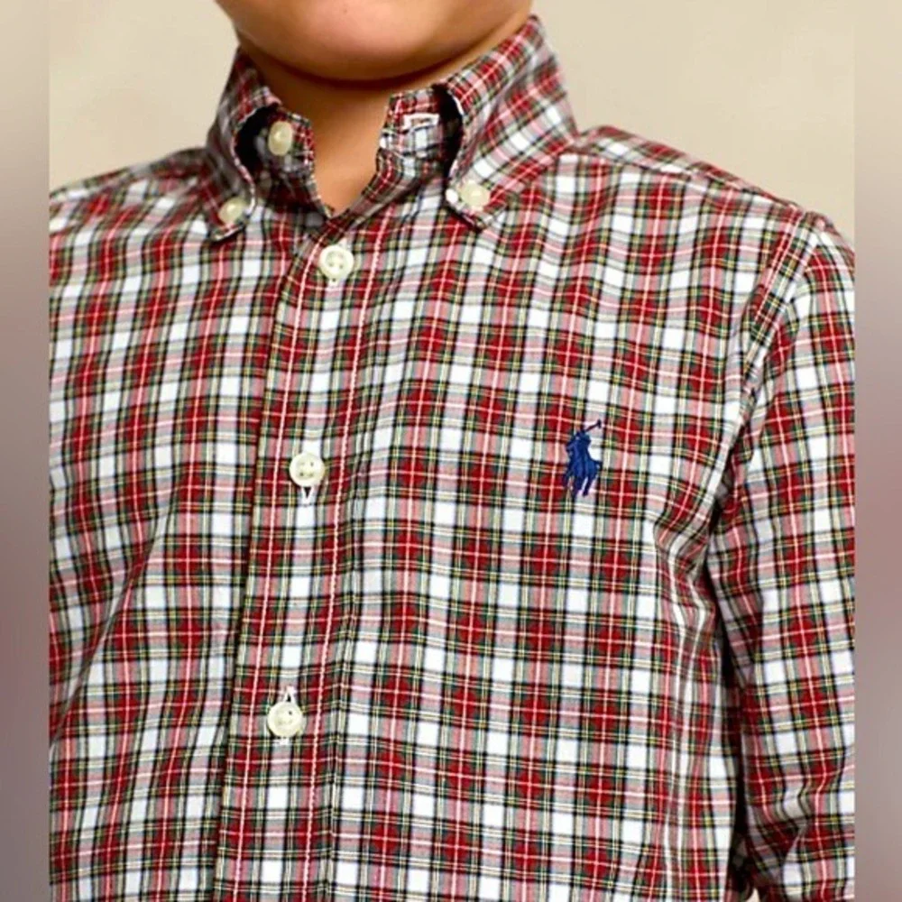 Ralph Lauren Boys Red Plaid Button Down Shirt Long Sleeve Size 5 Preppy Classic